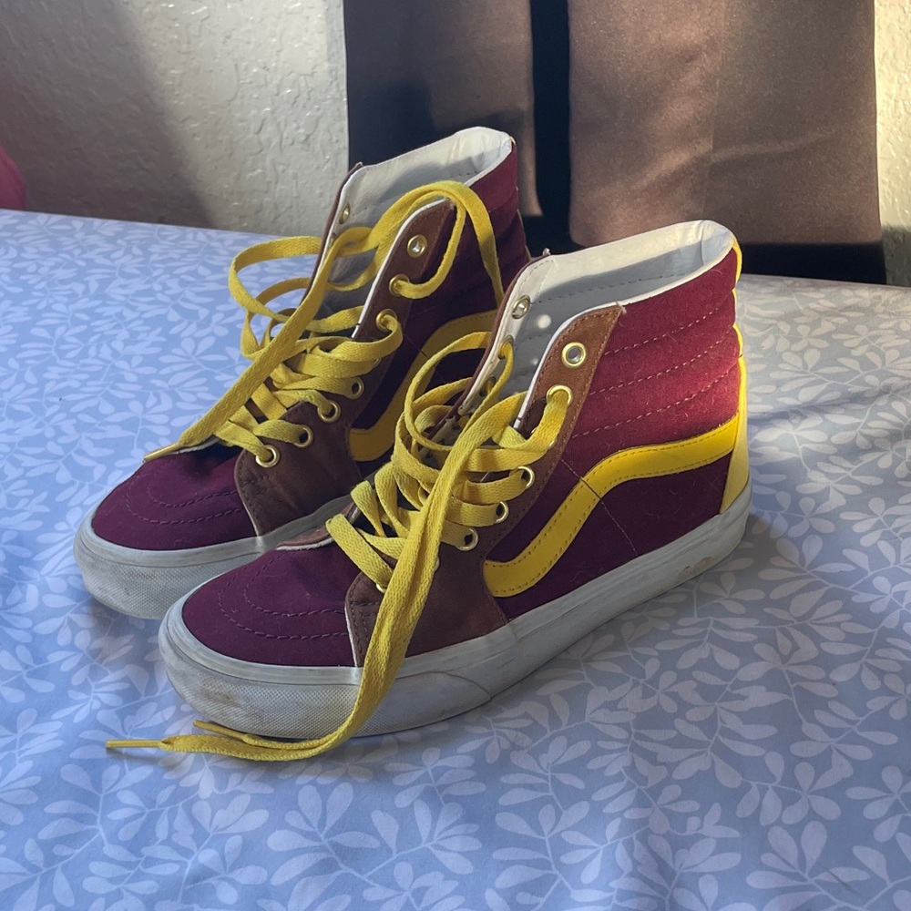 Vans Women's Burgundy and Yellow High-Top Sneakers